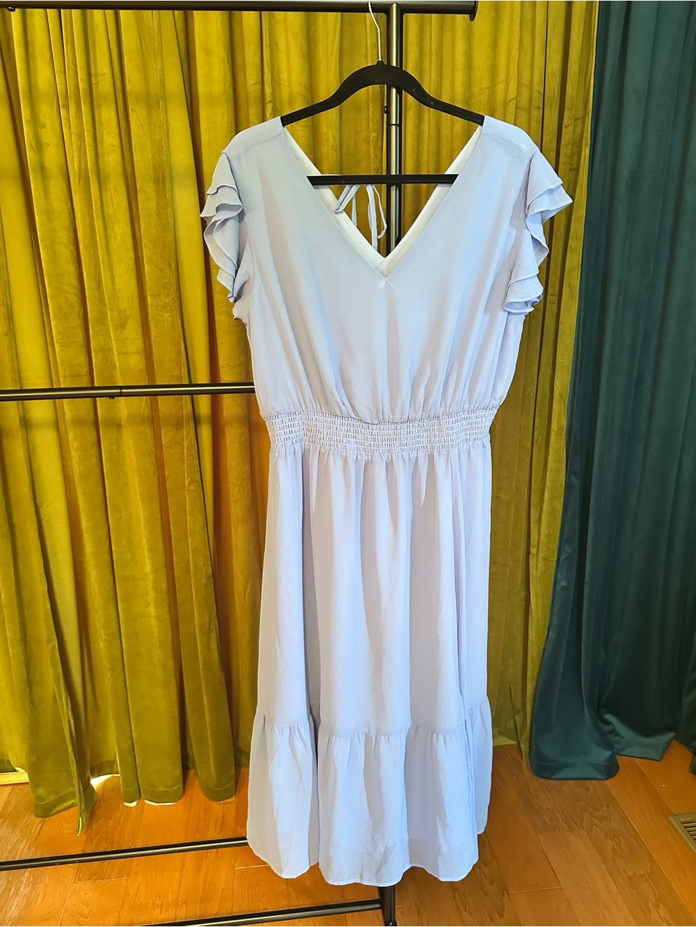 NWT Grace Karin Light Blue Flutter Sleeve Midi Dress Smocked Waist Size Large